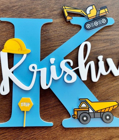 Personalised Blue Kids Name Plate - Construction Theme(25 cm)